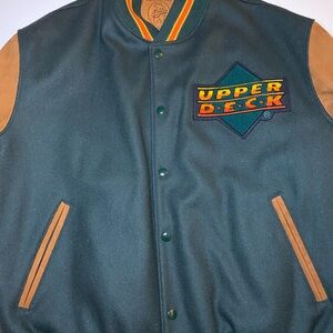 90’s Upper Deck Green and Tan Letterman Jacket Wool Size XL